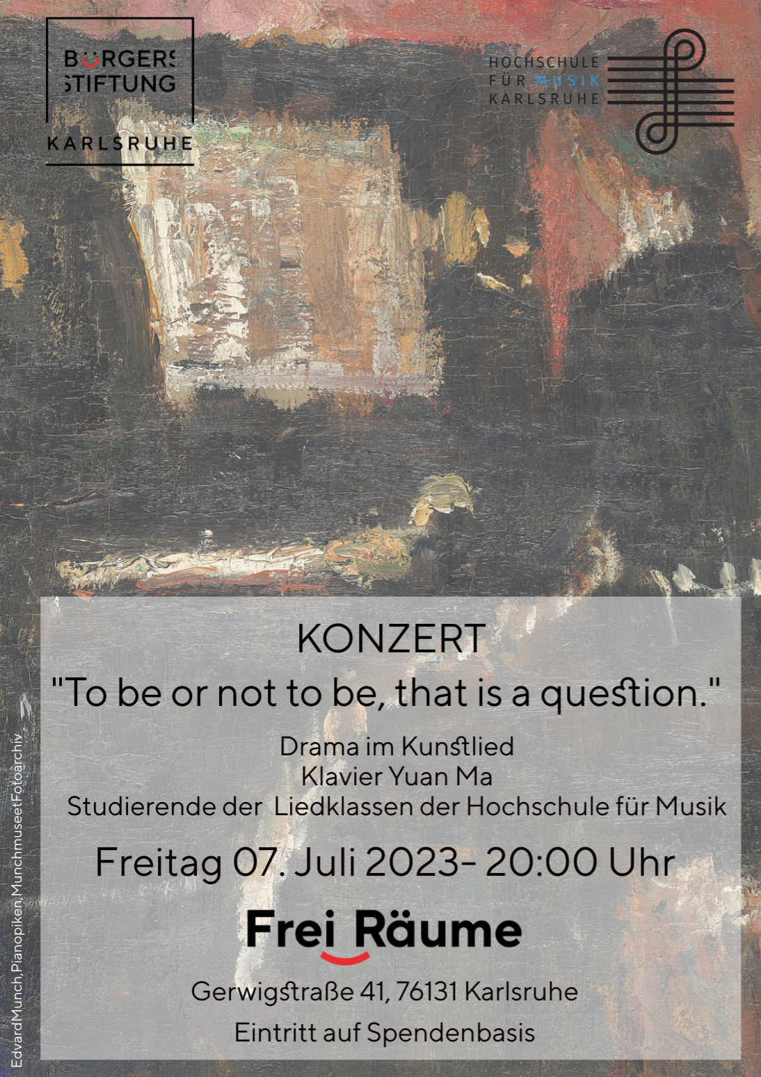 Plakat für das Pianokonzert mit dem Thema "Drama im Kunstlied" am 7 Juli 2023 im leih.lokal